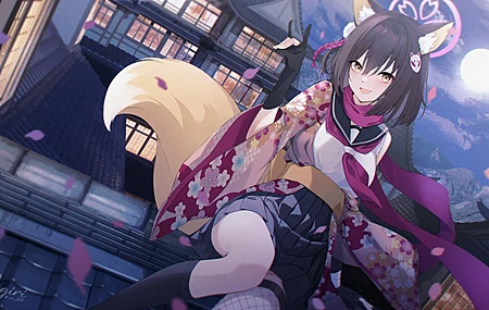 热门微笑 短发 狐狸耳朵 狐耳 狐狸尾巴 狐尾 深色头发 女学生 动漫 动漫女孩 蔚蓝档案 棕色眼睛 和服 校服 电脑 壁纸 5760×3240