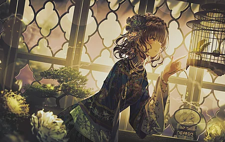 短发 动漫 动漫女孩 连衣裙 鲜花 窗户 阳光 笼子 鸟 电脑 壁纸 6528×3124