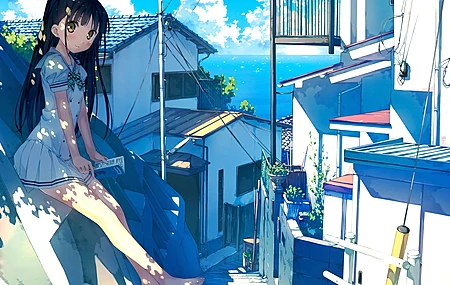 长发 深色头发 赤脚 动漫女孩 黄眼睛 校服 电脑 壁纸 7038×4935