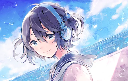 短发 微笑 蓝眼睛 女学生 脸 知音 数码艺术 插图 动漫 动漫女孩 耳机 水 海洋 校服 电脑 壁纸 3840×2160