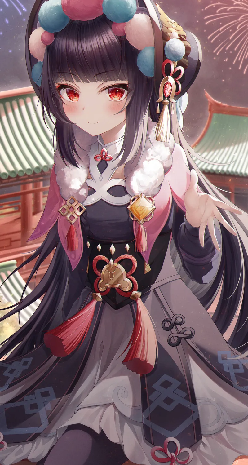 绚丽红眼 原神 动漫 云锦 动漫少女 烟火 黑发 手机 壁纸 4000×5800