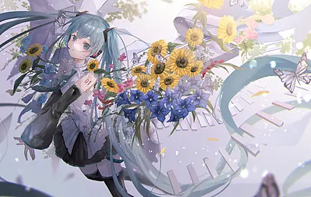 长发 蓝头发 蓝眼睛 初音 花 蝴蝶 向日葵 双尾 小提琴 动漫女孩 电脑 壁纸 4096×2892