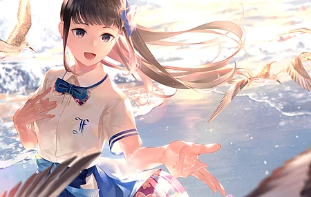高清泽泽 动漫 动漫女孩 海滩 校服 鸟 唱歌 虚拟 电脑 桌面壁纸 3840×2160