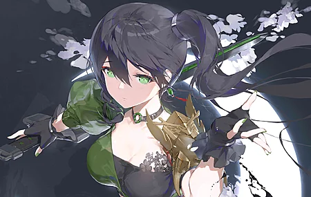 热门绿眼睛 马尾辫 长发 彩绘 指甲 动漫 动漫女孩 剑 花瓣 手套 电脑 高清壁纸 3840×2160