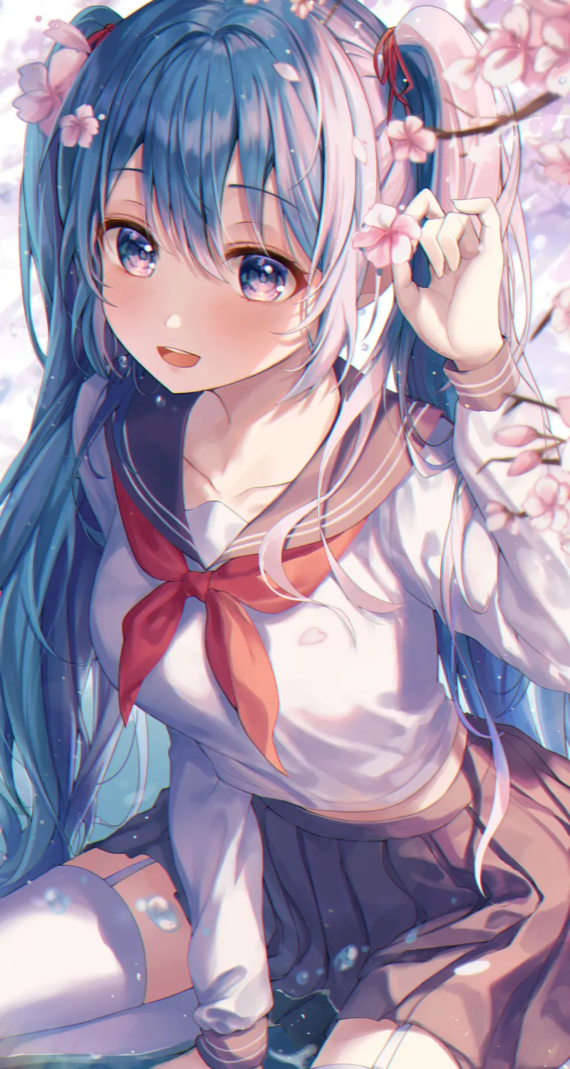 唯美动漫 动漫女孩 初音 水 白色袜子 大腿 校服 樱花 手机 壁纸 4000×5000