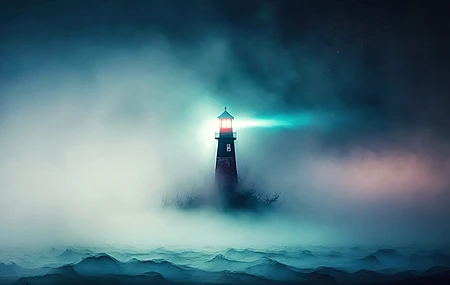 艺术 插图 薄雾 灯塔 大海 简单背景 电脑 4K高清壁纸 4579×2616