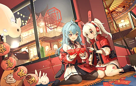 热门女孩 兔子耳朵 新年 红包 兔子 剪纸 中国新年 福贴 动漫女孩 星眼 耳机 电脑 高清壁纸 5760×3240