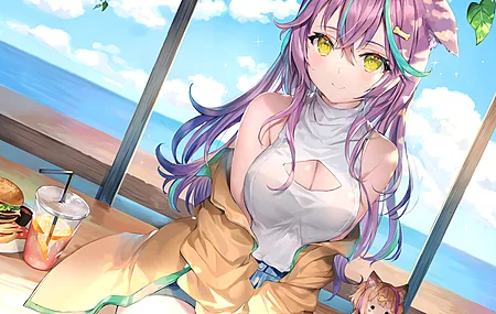 莫莫科 紫色头发 微笑 动漫 动漫女孩 AI艺术 黄眼睛 兽耳 电脑 壁纸 4214×2895