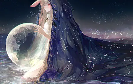 热门金发 长发 红色眼睛 动漫 动漫女孩 行星 兔耳朵 水中 太空 星星 斗篷 奇幻艺术 电脑 高清壁纸 4096×3005