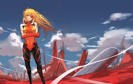 唯美长发 曲线 红发 霓虹创世纪福音 女郎 动漫女孩 云 明日香 动漫 电脑 壁纸 7541×5441