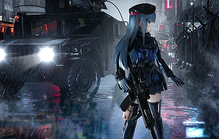 超清少女前线 西摩 动漫 动漫女孩 雨 汽车 突击步枪 电脑 壁纸 5000×2812