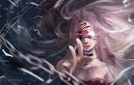 长发 紫色头发 命运 天堂 动漫女孩 锁链 眼罩 骑手 无水印壁纸 5245×2894
