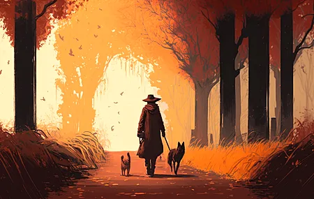 高清艺术 橙色 插图 狗 秋天 路径 动物 树木 桌面壁纸 4579×2616