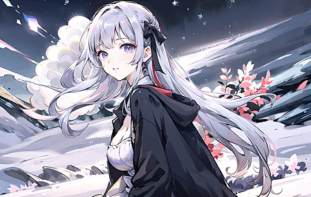 绚丽长发 艺术 银发 动漫女孩 雪 花瓣 紫色 眼睛 山 4K壁纸 3840×2400