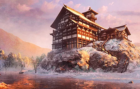 AI艺术 数字绘画 建筑 日落 森林 雪 河流 壁纸 6000×3000