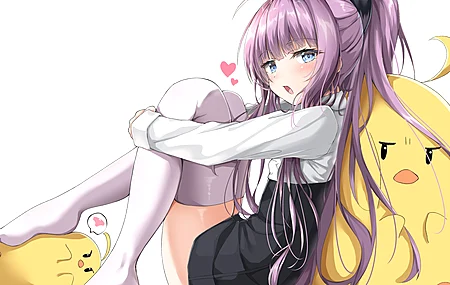 紫色的头发 长发 蓝眼睛 马尾辫 抱膝 动漫女孩 壁纸 6100×4110