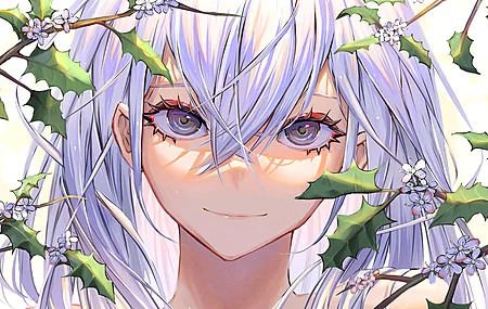 原创人物 微笑 白发 动漫女孩 树叶 树枝 花 4K壁纸 4210×2728