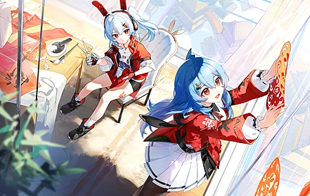 热门女孩 兔耳朵 新年 中国新年 动漫女孩 剪刀 耳机 剪纸 手机壁纸 4551×2560