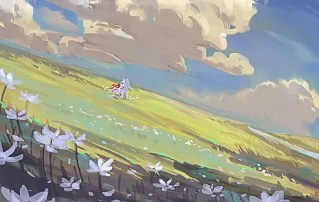 热门电子游戏 天马 狼 草 花 云 田野 动物 AI艺术 壁纸 4096×2650