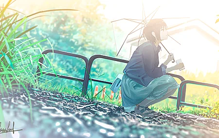 经典短发 蹲下 动漫 动漫女孩 AI艺术 伞 高清壁纸 3840×2160