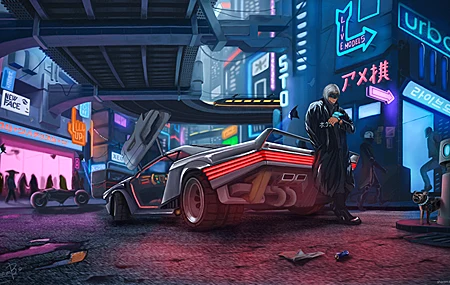 绝美AI艺术 未来主义 游戏CG艺术 赛博朋克 霓虹灯 汽车 壁纸 3840×2160