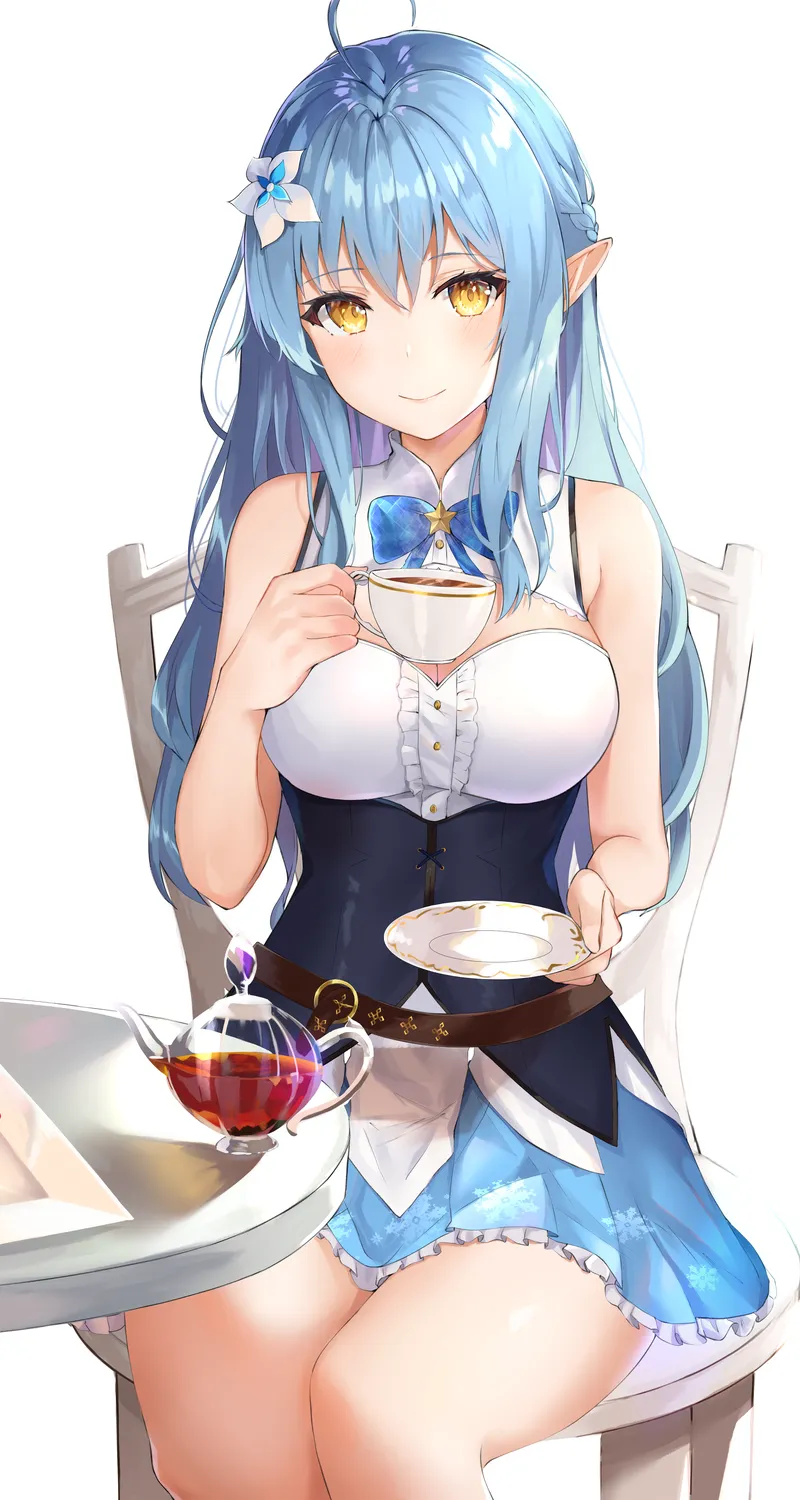 蓝色头发 微笑 动漫女孩 兽耳 茶 蛋糕 手机 手机壁纸 4848×5860