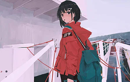 绚丽动漫女孩 动漫 夹克 背包 壁纸 5120×2882