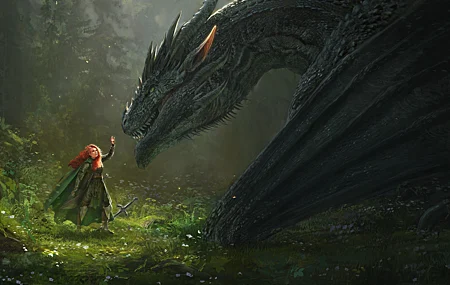 女人 红发 奇幻女孩 奇幻艺术 龙 壁纸 7000×3000