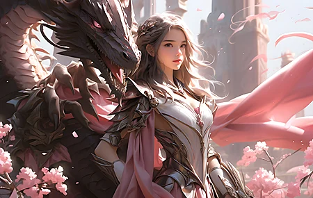 女人 长发 人工智能艺术 AI艺术 生物 鲜花 花瓣 龙 盔甲 阳光 壁纸 3840×2160