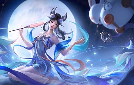 幻想女孩 国风 黑发 游戏CG 长发 王者荣耀 幻想艺术 女孩 蓝色连衣裙 月亮 动漫游戏 4K高清壁纸 5693×2900
