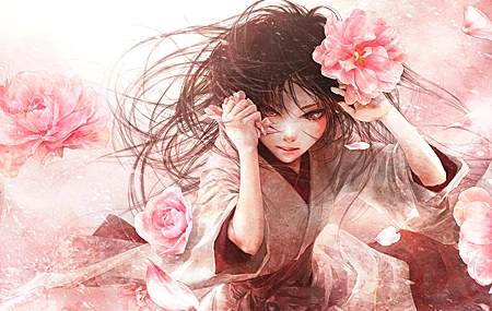 经典深色头发 原创人物 长发 动漫 动漫女孩 和服 粉色玫瑰 腮红 紫色眼睛 服装 手机壁纸 4000×2832