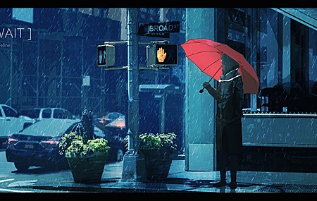 高清下雨 雨伞 雨中 女孩 交通岗 AI艺术 图片 无水印壁纸 4800×2280