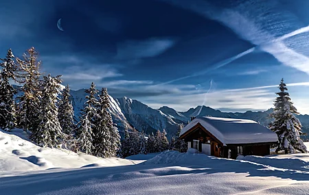 自然 风景 冬天 雪 天空 云 树 房子 4K高清壁纸 3840×2543