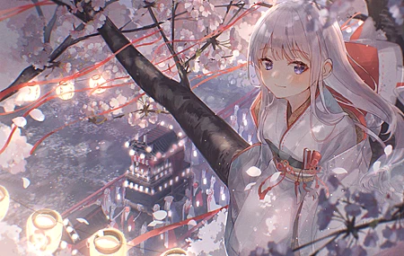 小鱼 动漫 动漫女孩 樱花 服装 和服 银发 手机壁纸 4096×2734