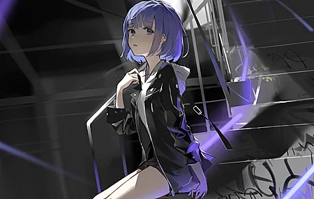 经典短发 大腿 看观众 动漫 动漫女孩 楼梯 4K壁纸 3840×2160