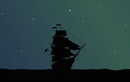 极简主义 星星 夜晚 海盗船 大海 剪影 4K高清壁纸 7680×4320