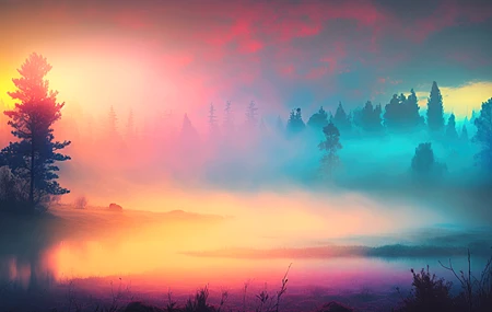 唯美艺术 薄雾 早晨 日出 风景 湖泊 阳光 自然 壁纸 4579×2616
