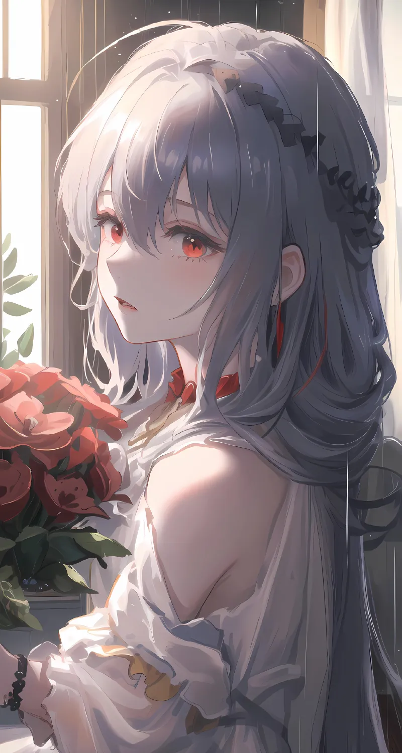 红眼睛 长发 动漫 动漫女孩 鲜花 灰发 艺术 手机 4K高清壁纸 4320×9580