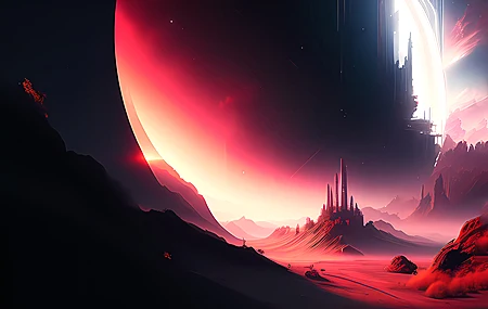 艺术 AI艺术 奇幻艺术 城堡 月亮 红色 深色 4K高清壁纸 3840×2160