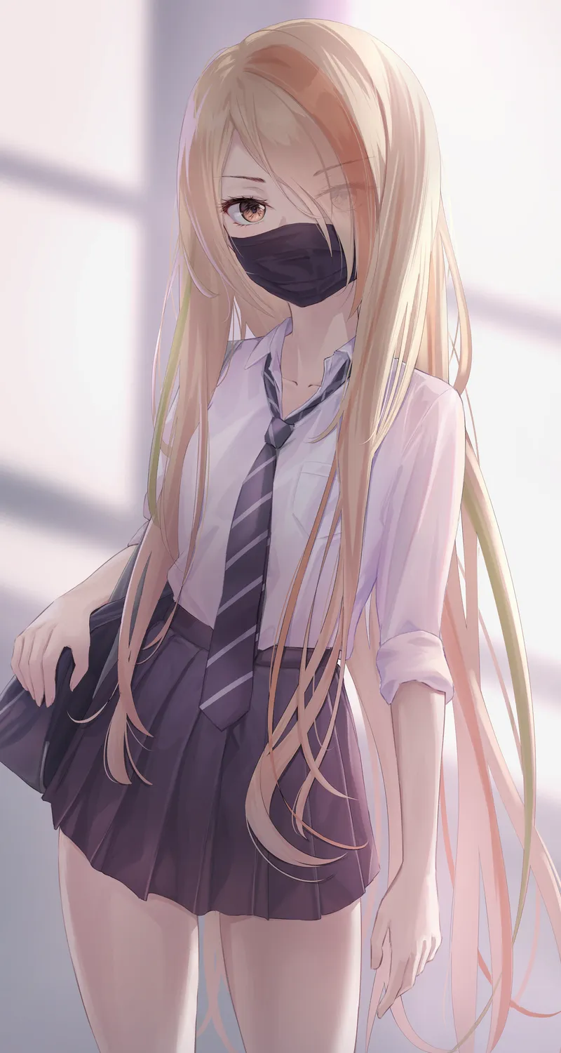 金发 动漫 动漫女孩 AI艺术 插图 面具 手机 4K高清壁纸 4338×7016