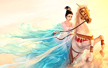 绝美女人 亚洲 AI艺术 原图 奇幻艺术 肖像 绘画 马 4K壁纸 3840×2160