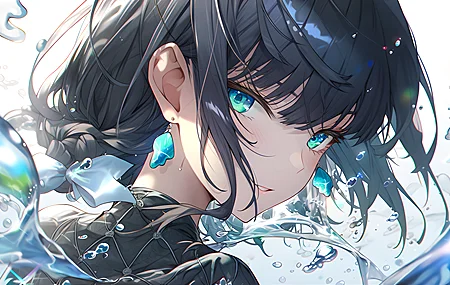 艺术 水 动漫女孩 耳环 领结 水滴 腮红 AI艺术 4K高清壁纸 4798×2392