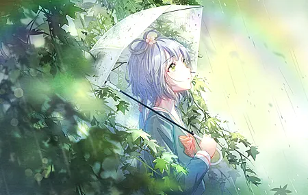 经典抬头 小提琴 动漫女孩 雨伞 雨 树叶 蝴蝶结 彩虹 壁纸 4134×2480