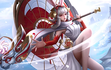 高清红眼 奇幻女孩 长发 王者荣耀 电子游戏 女孩 奇幻艺术 兔子耳朵 兽耳 兔子女孩 雨伞 4K壁纸 8366×4250