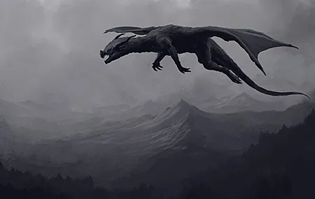 AI艺术 奇幻艺术 自然 风景 龙 山 飞翔 单色 极简主义 黑色 黄色眼睛 绘画 壁纸 4200×2400