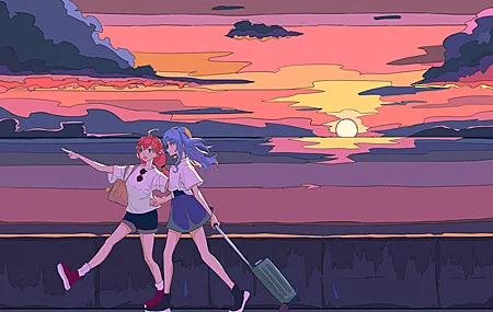 长发 蓝色头发 粉色头发 女孩 动漫 动漫女孩 虚拟 天空 太阳 无水印壁纸 4093×3182