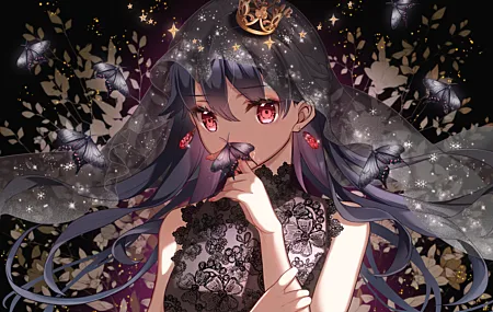 原创人物 长发 深色头发 红眼睛 动漫女孩 动漫 面纱 连衣裙 蝴蝶 4K壁纸 5732×4047