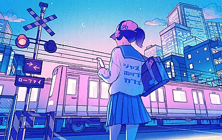 热门女学生 动漫女孩 AI艺术 火车 帽子 耳机 校服 高清壁纸 3840×2160