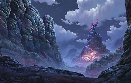 绝美AI艺术 插图 风景 夜景 云 岩层 星星 城镇 山脉 手机壁纸 3840×2160