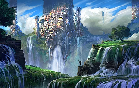 山 植物 瀑布 城市 奇幻艺术 风景 AI艺术 4K高清壁纸 5000×2600